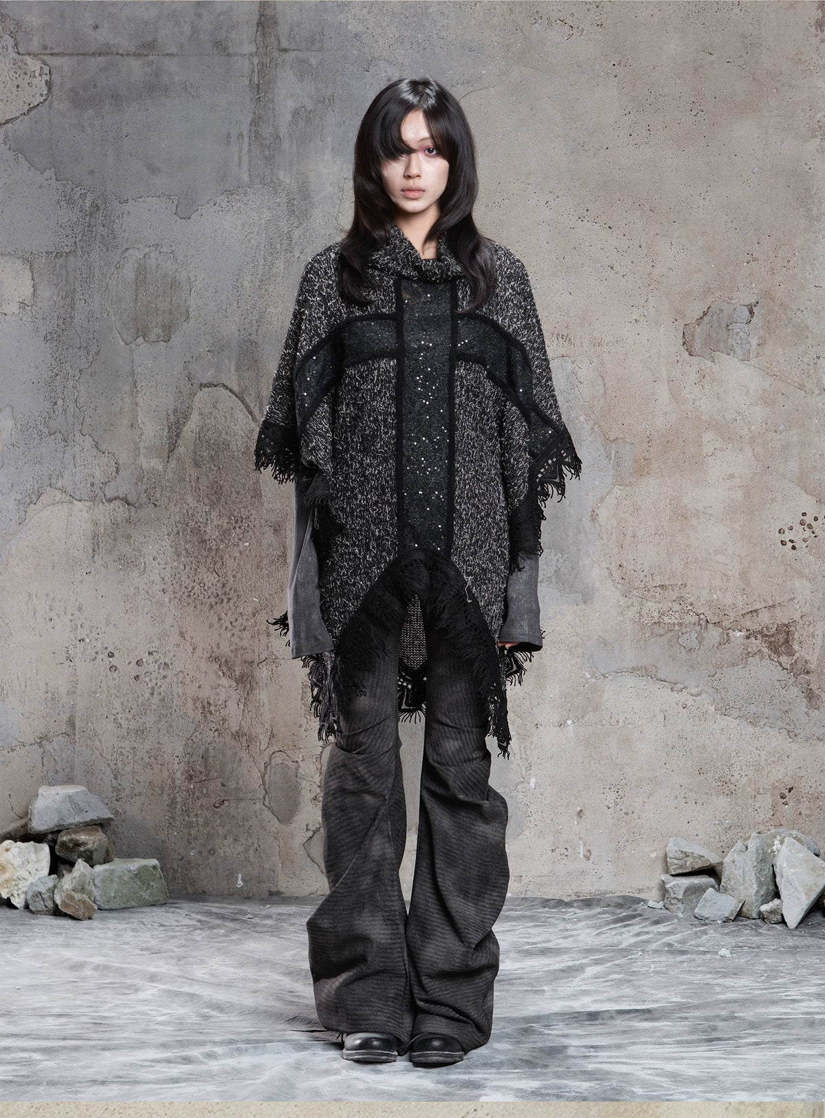 Punk Cross Cape Asymmetric Fringe Knit Sweater