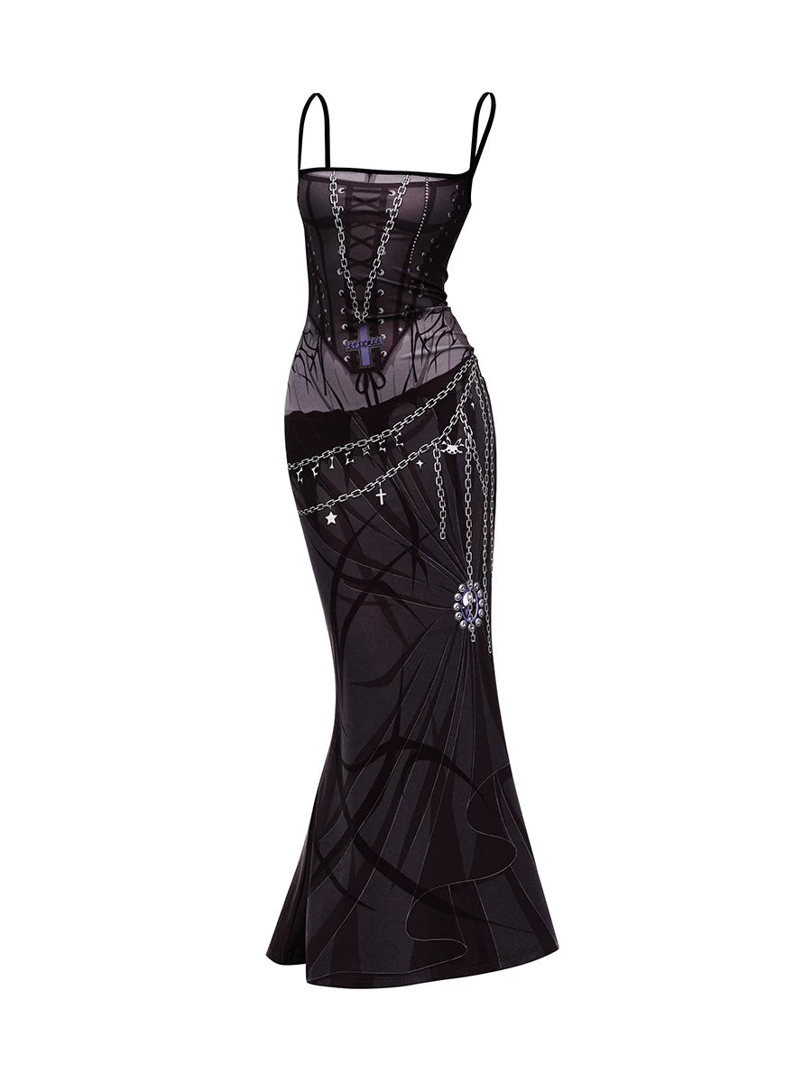 Vestido de sirena con tirantes de bruja