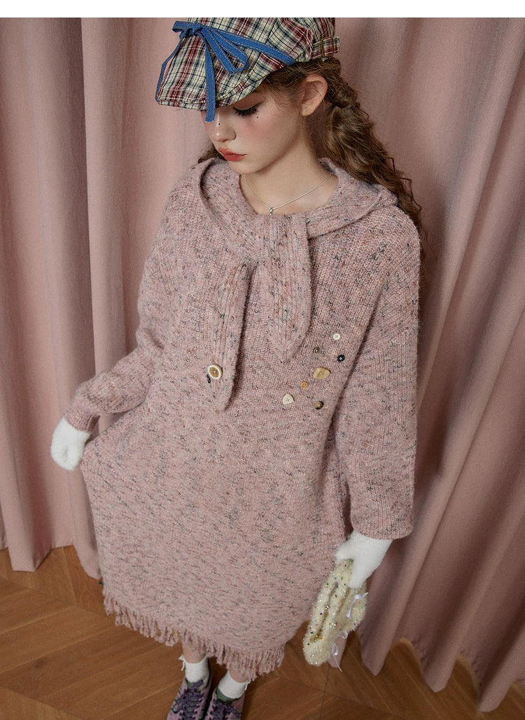 Robe longue ample à manches longues en maille avec capuche
