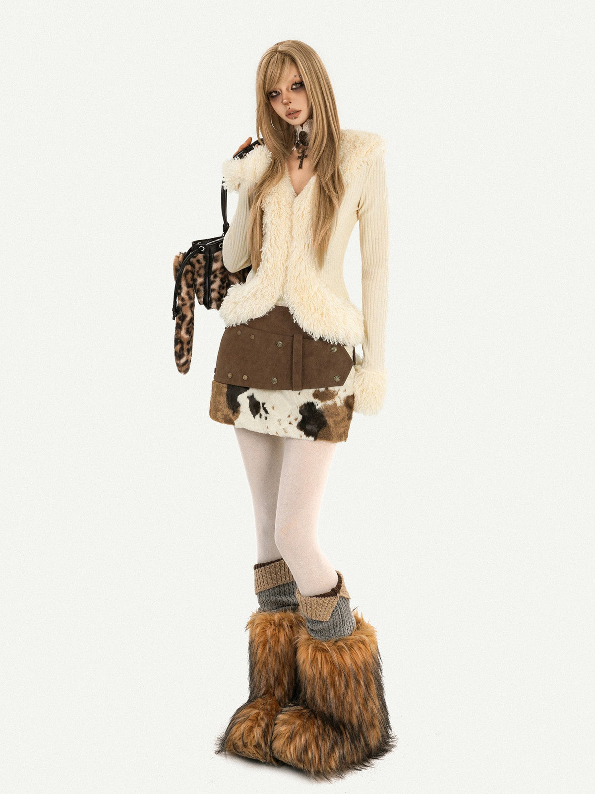 Fur Collar Fitted Long Sleeve Knit Cardigan