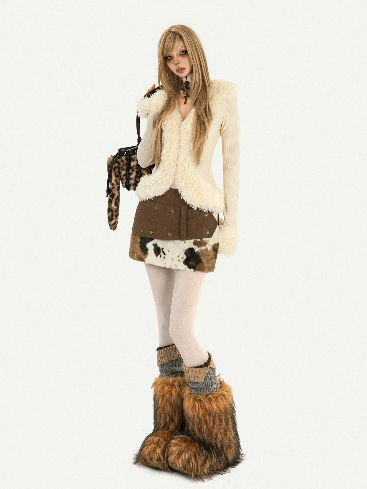 Fur Collar Fitted Long Sleeve Knit Cardigan