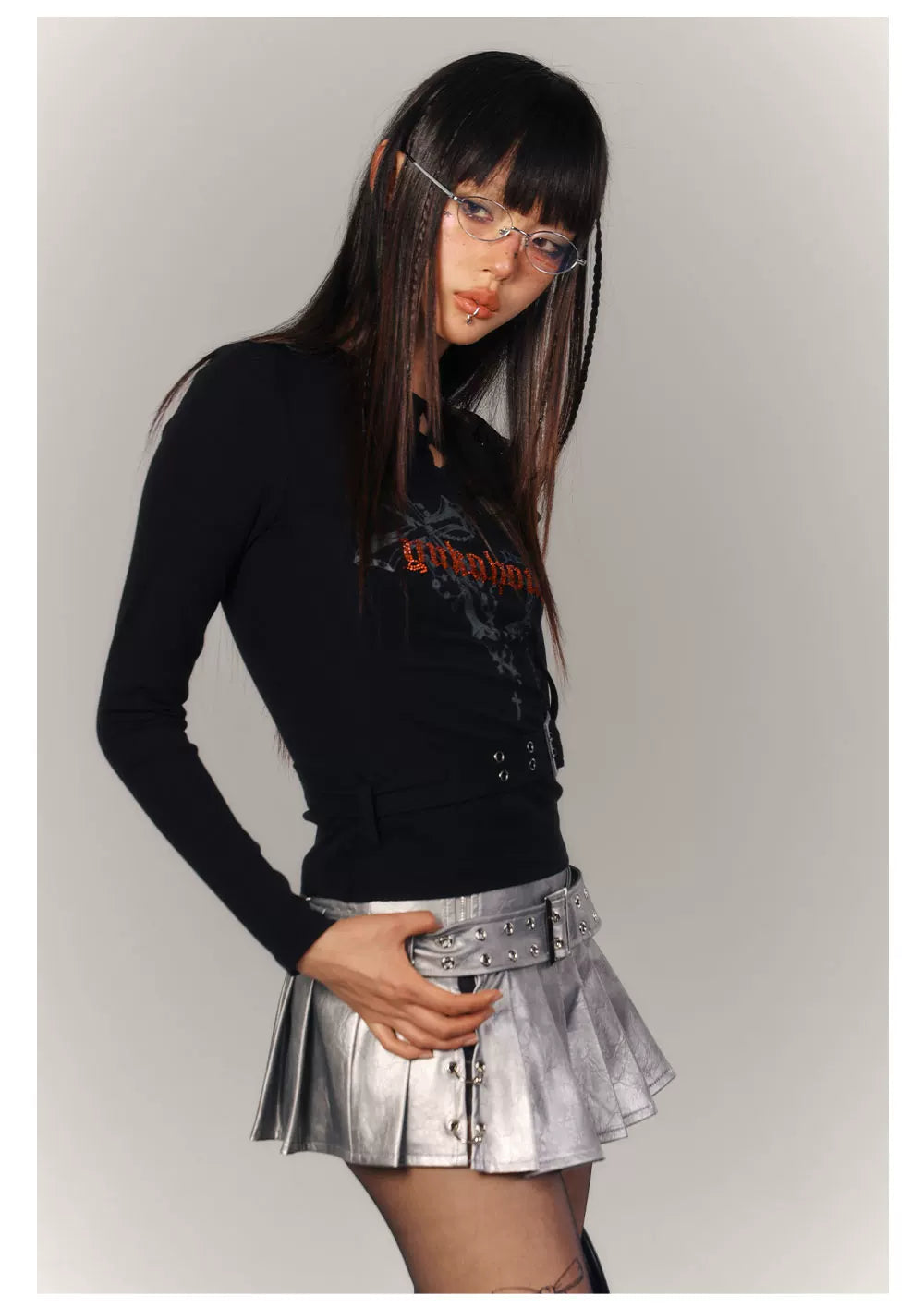 Cross Print Strap Buckle Cutout Long Sleeve T-Shirt