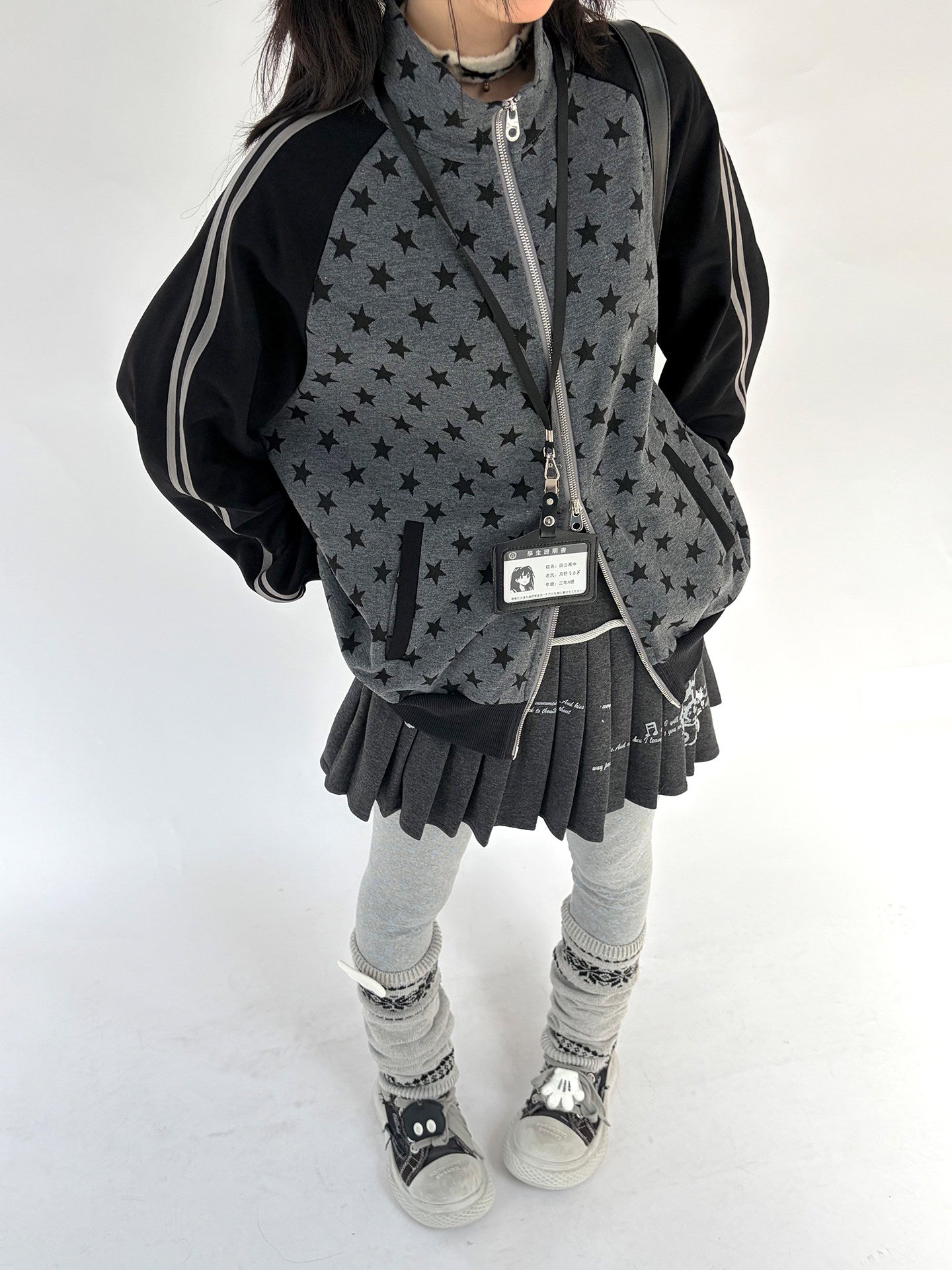 Star Print Double Zipper High-Neck Oversize Cardigan