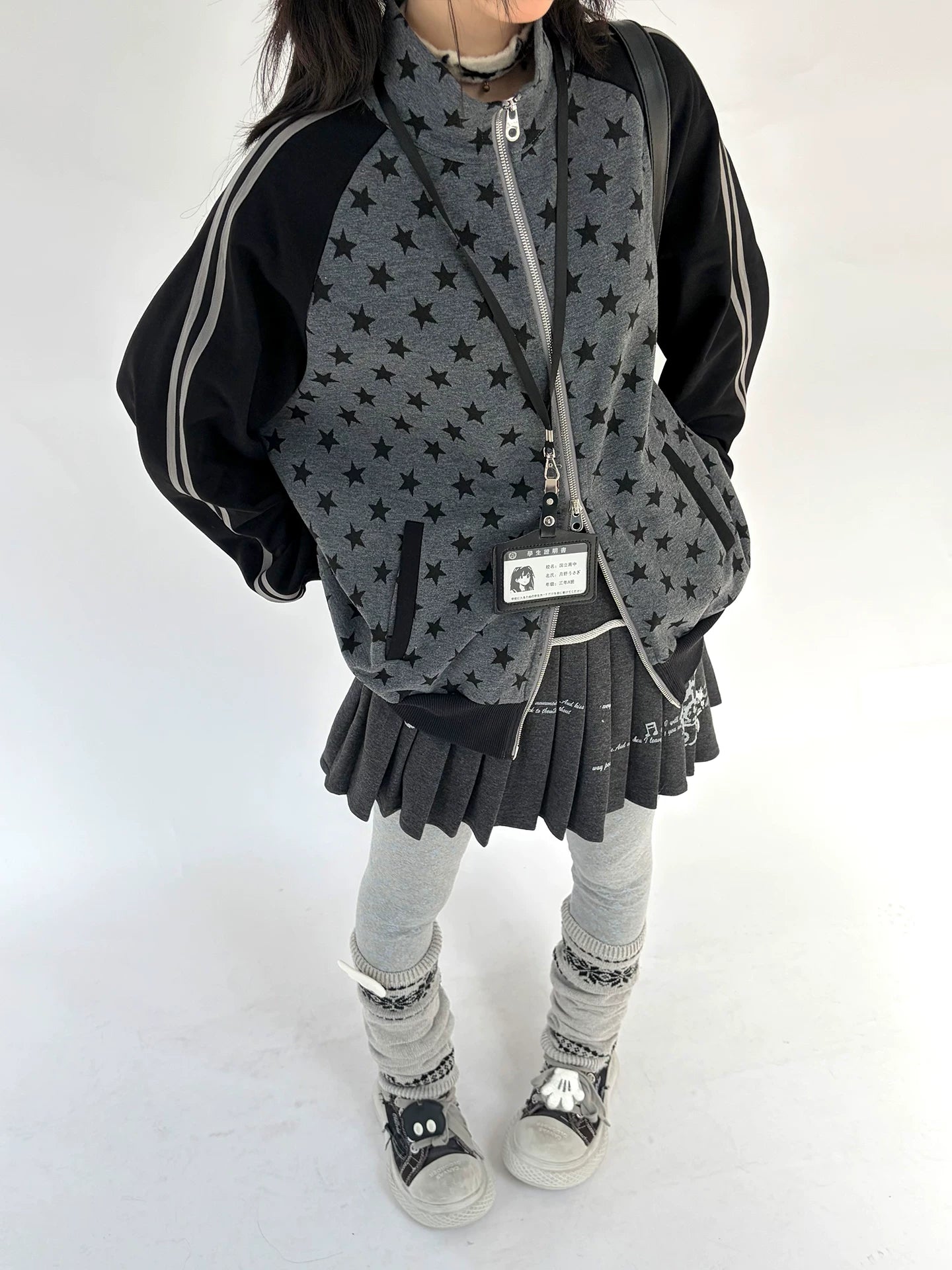 Star Print Double Zipper High-Neck Oversize Cardigan