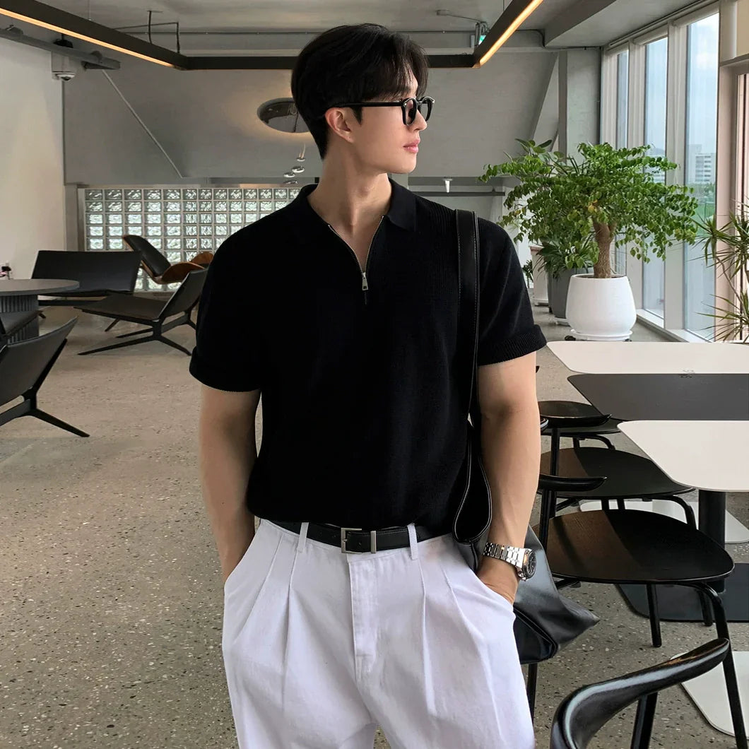 Solid Color Short Sleeve Knit Polo Shirt