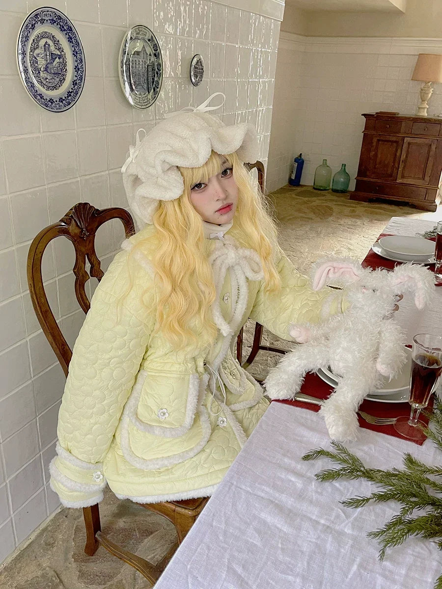 Flower Plush Bow Tie Puffer Jacket