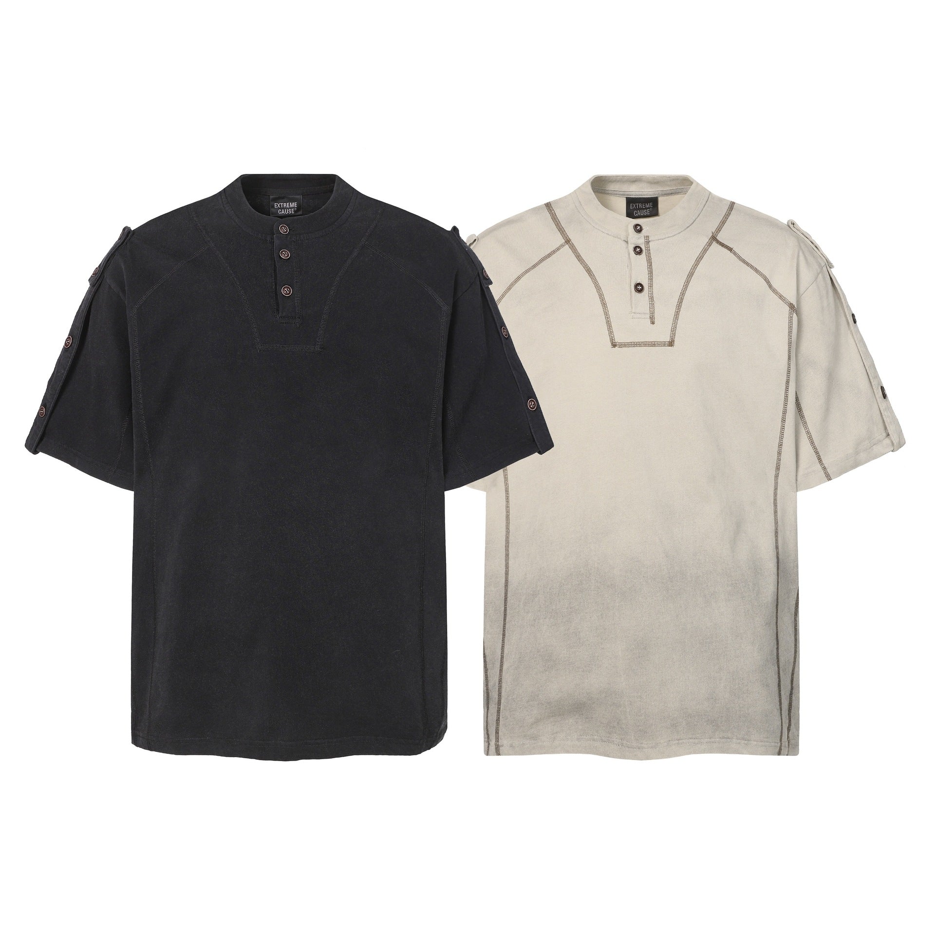 Semi-Open Collar Washed Short Sleeve T-Shirt