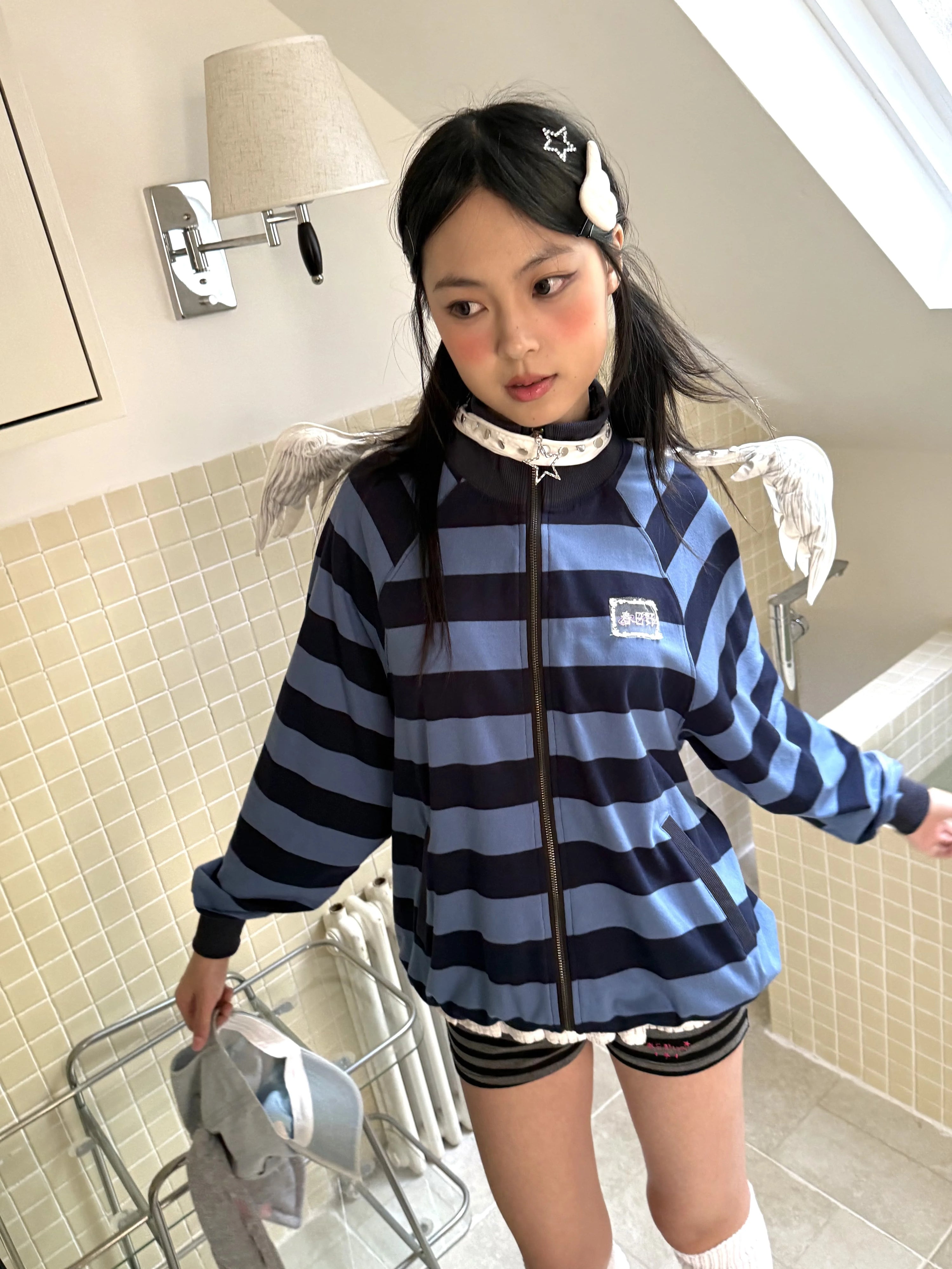 Striped Oversize Stand Collar Zipper Jacket