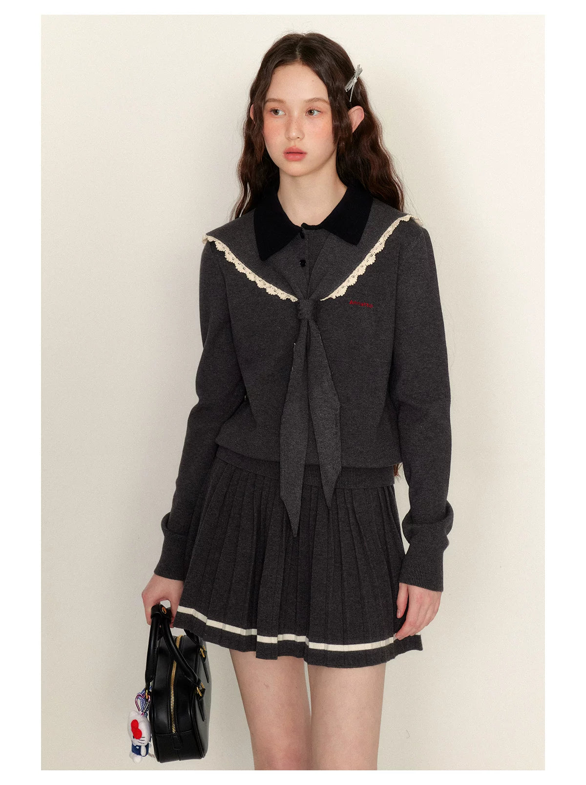 Detachable Sailor Collar Knit Sweater & Pleated Skirt Setup