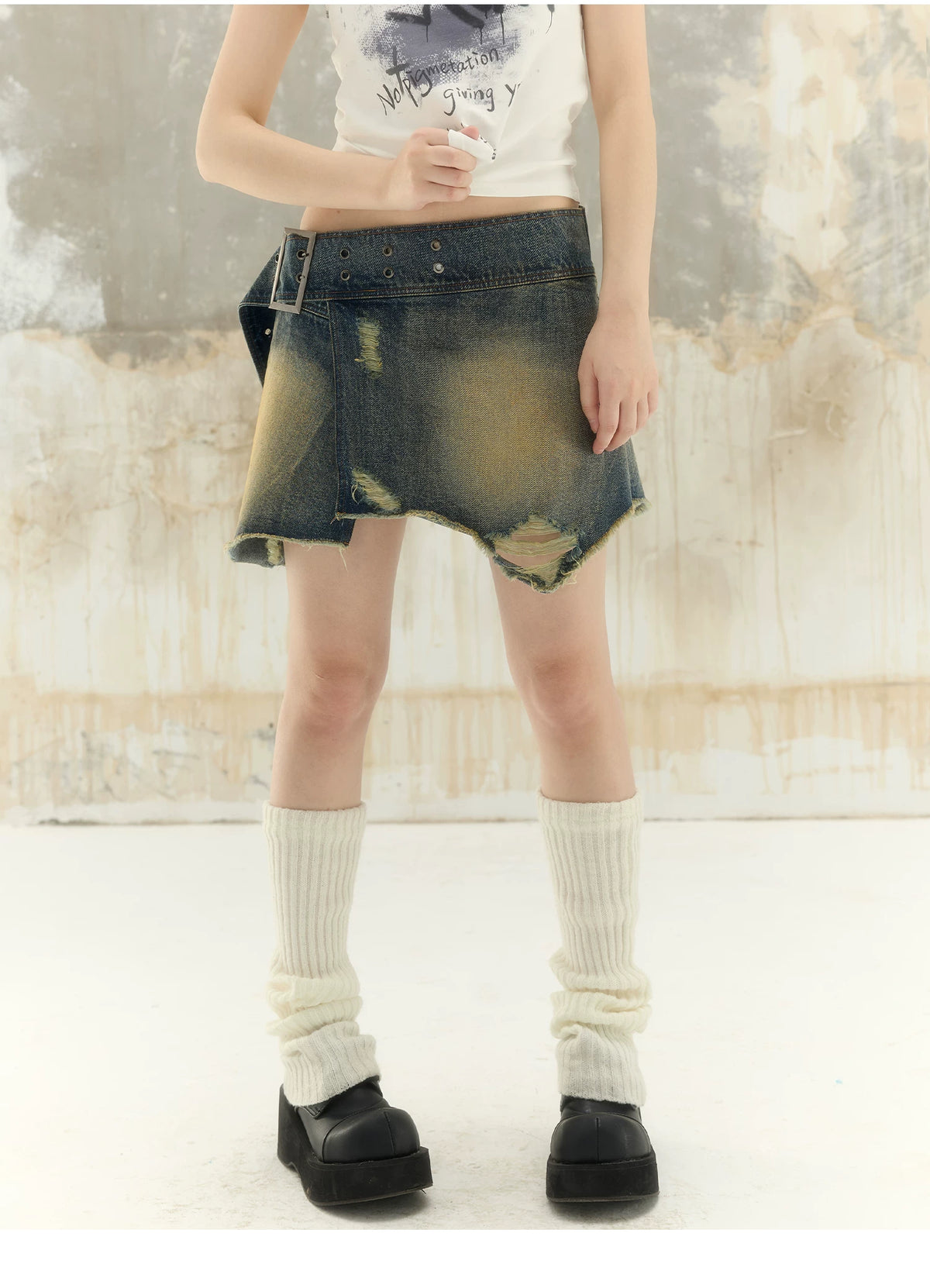Washed Asymmetrical Adjustable Denim Short Skirt