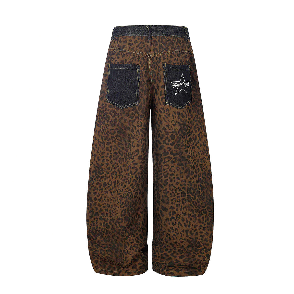 Leopard Print Curved Wide Leg Denim Jeans