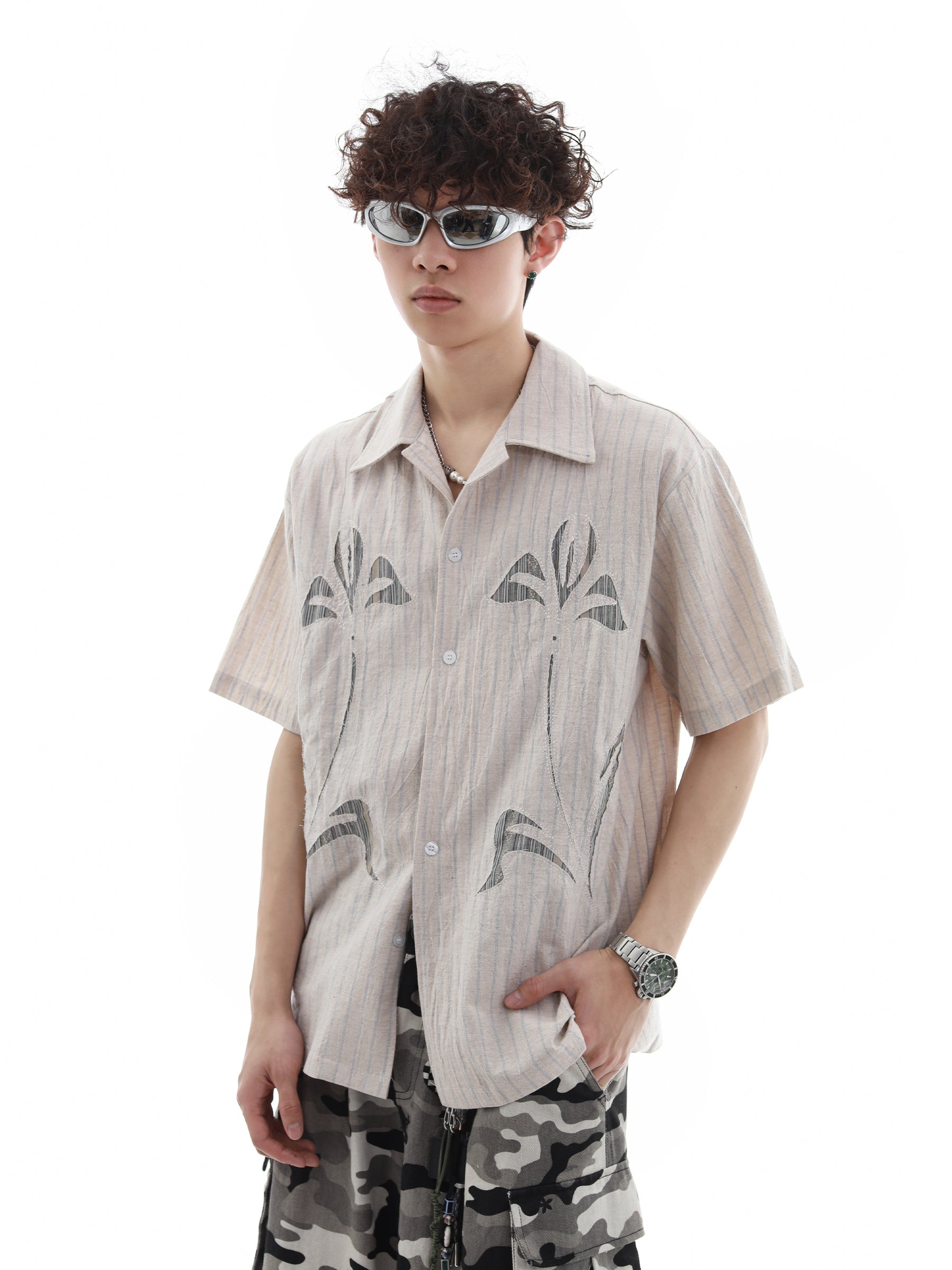 Patch Embroidery Stripe Short Sleeve Shirt