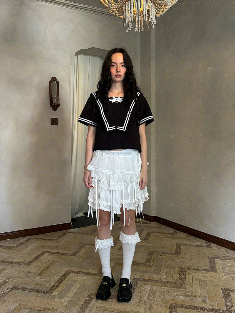 Bow Double-Layer Patchwork Half Skirt