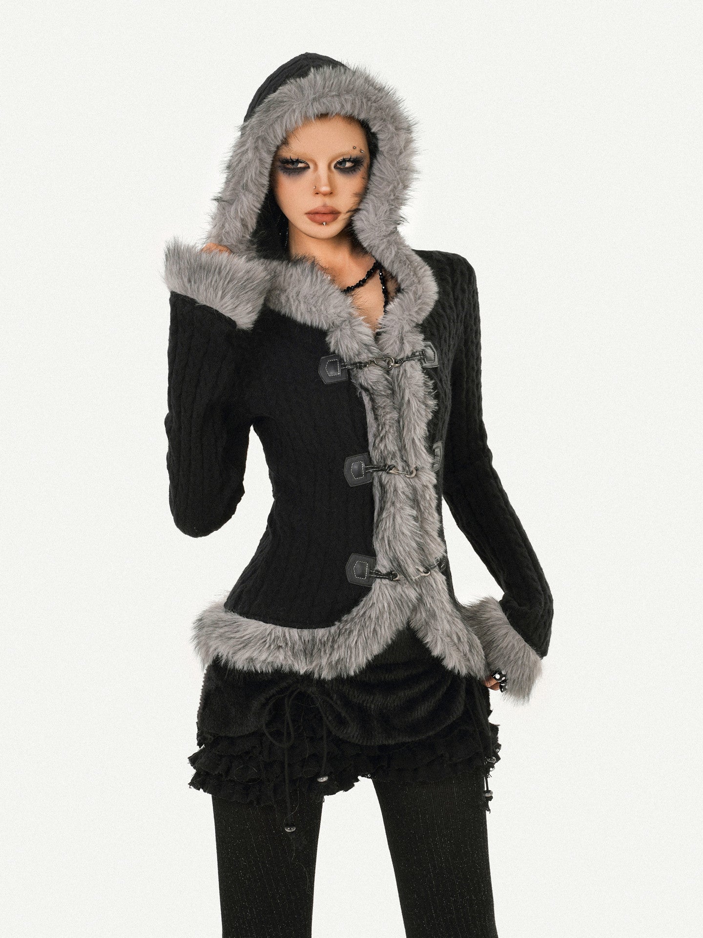 Hooded Fur Collar Fitted Knit Cardigan