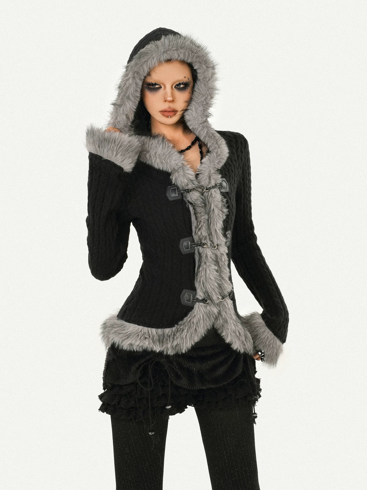 Hooded Fur Collar Fitted Knit Cardigan