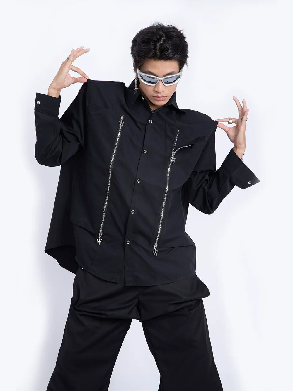 Double Zipper Shoulder Pad Long Sleeve Shirt