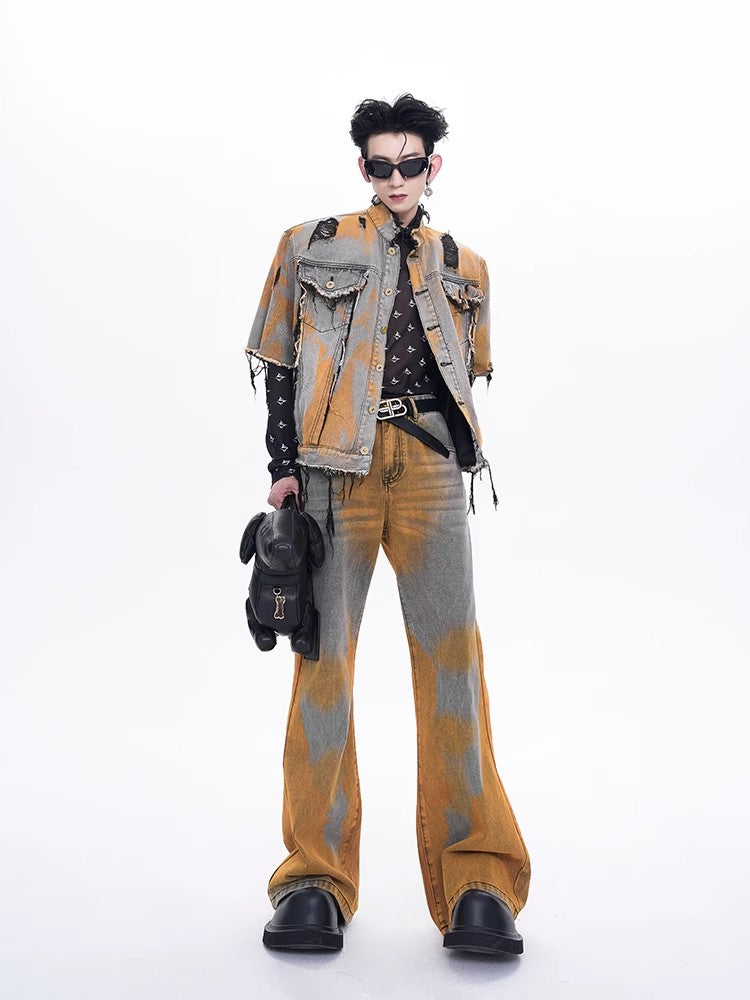 Gradient Short Sleeve Damage Denim Shirt Jacket & Micro Flare Denim Jeans Setup