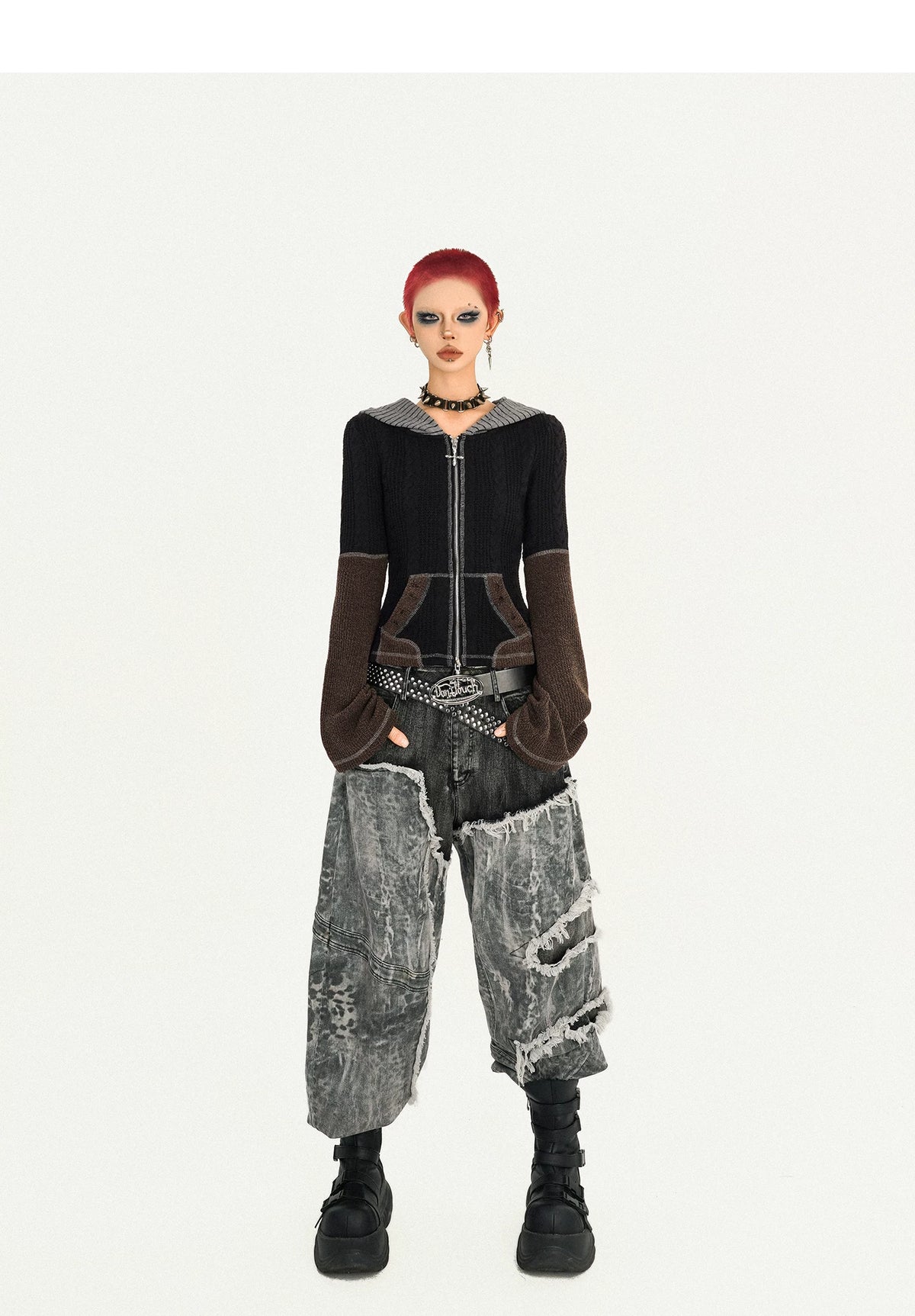 Fake Layered Heavy Craft Raw Hem Wide Leg Denim Jeans