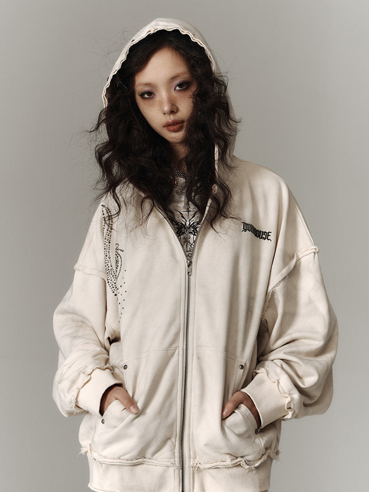 Washed Damage Oversize Zipper Hoodie & Short Skirt & Wide Leg Pants Setup