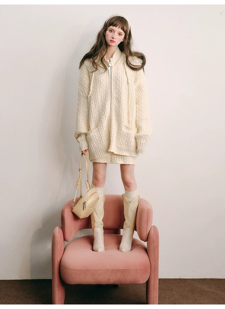 Bunny Hare Ear Hooded Zipper Knit Cardigan & Knit Skirt Setup