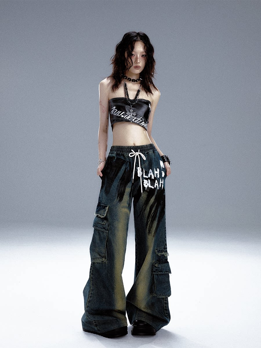 Washed Graffiti Wide-Leg Straight Dnim Jeans