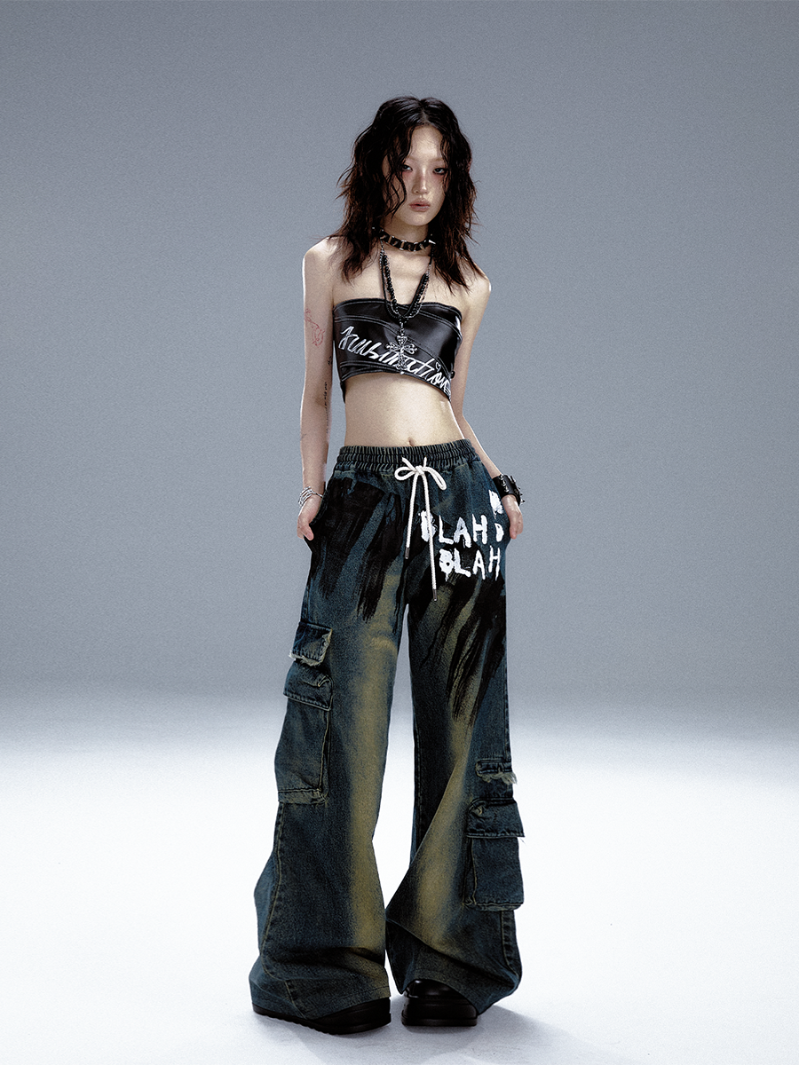 Washed Graffiti Wide-Leg Straight Dnim Jeans