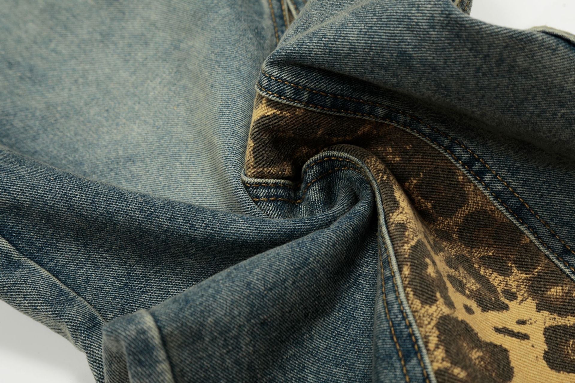 Washed Leopard Panel Curved Denim Jeans