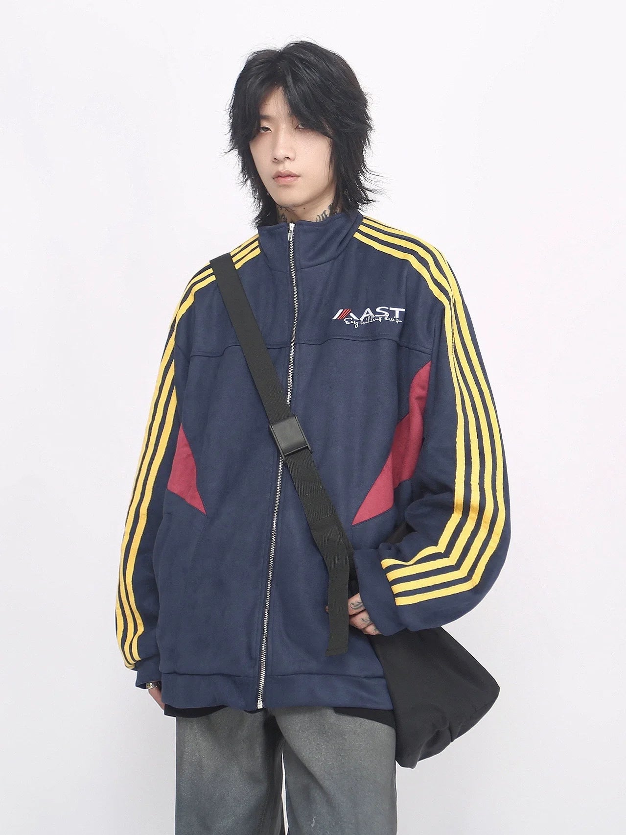 Striped Stand Neck Oversize Suede Truck Jacket