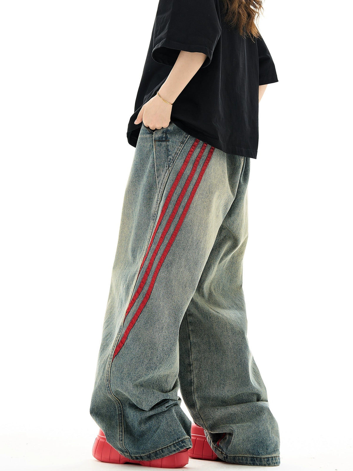 Side Stripes Wide-Leg Straight Denim Jeans