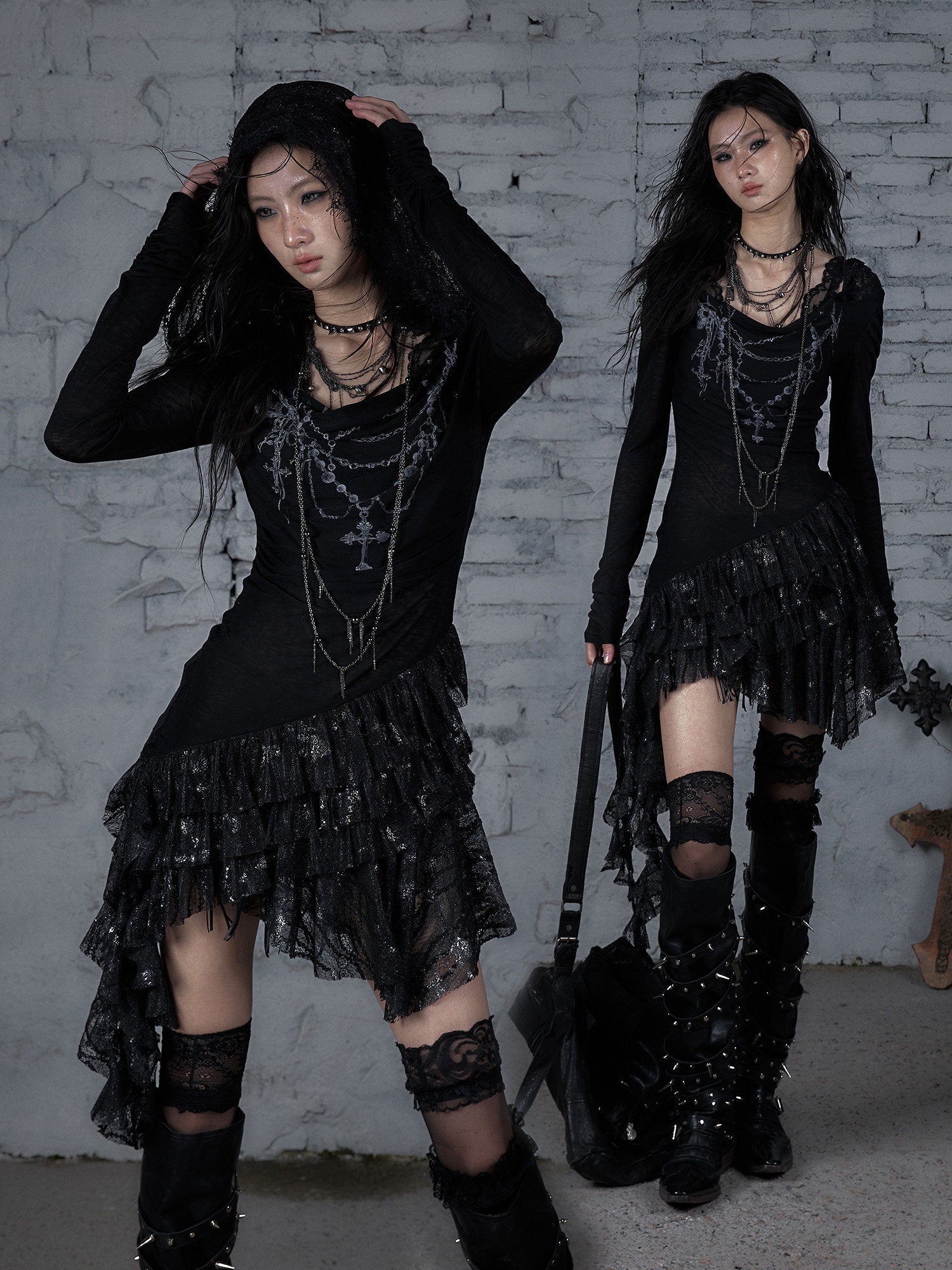 Lace Hooded Asymmetric Ruffle Dress