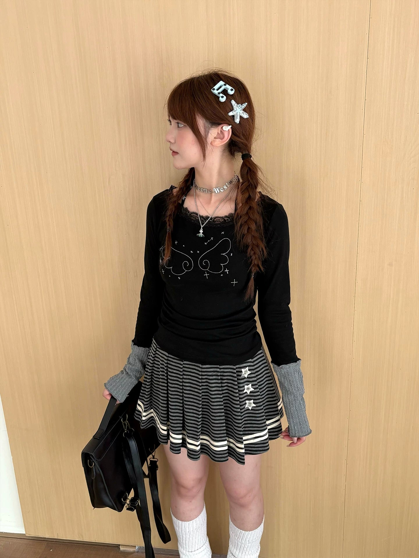 Star Print Pleated Striped Short Skirt