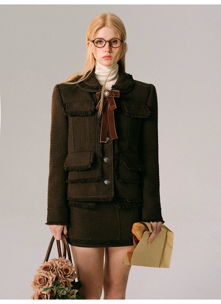Bow Design Wool Blend Jacket & Short Skirt Setup