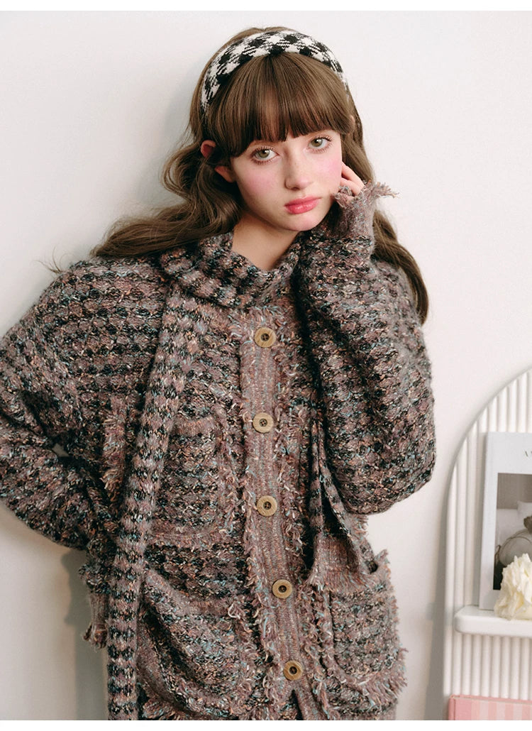 Plaid Button Cardigan & Scarf & Long Skirt Setup