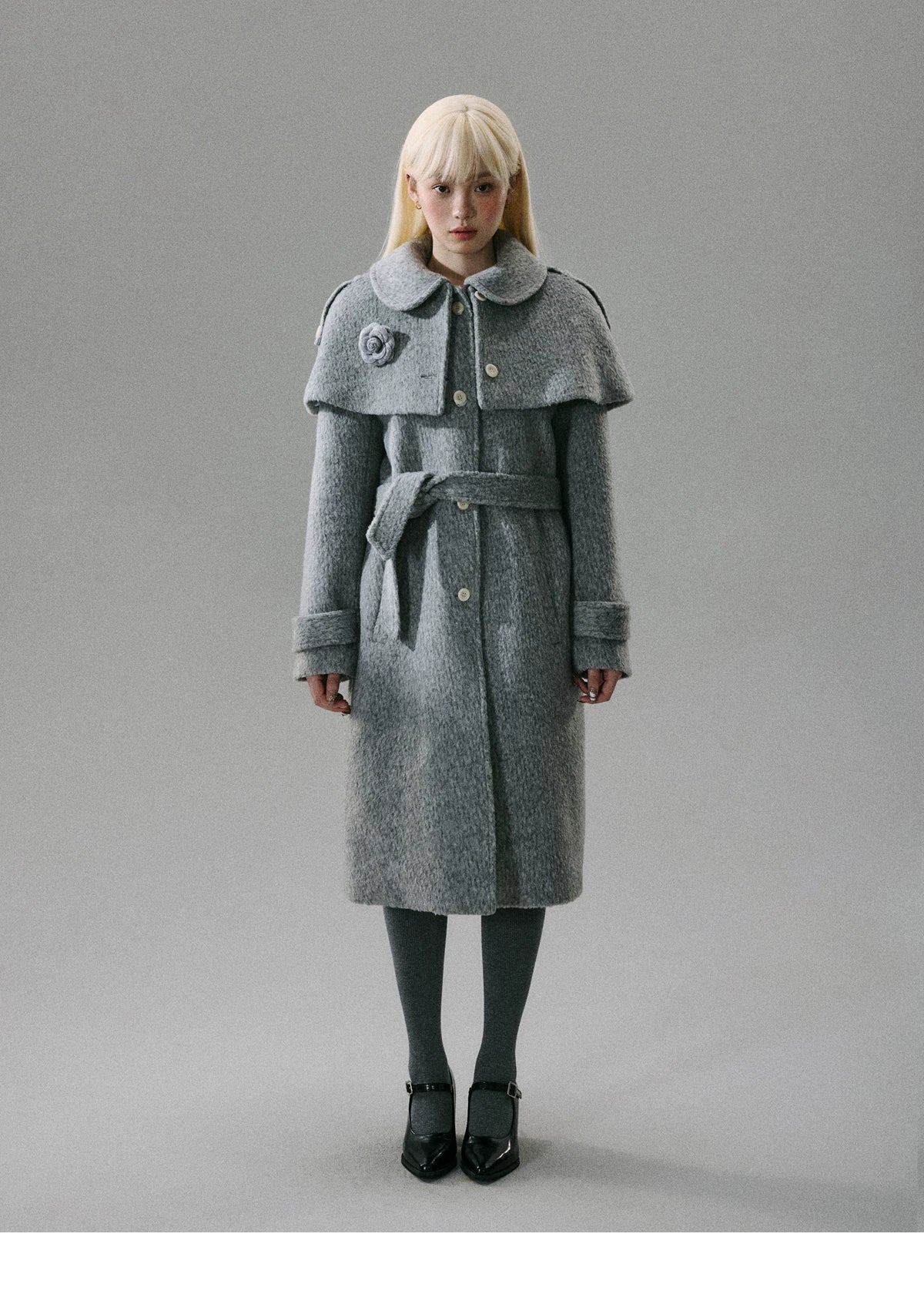 Cape Collar & Flower Detail Belted Coat