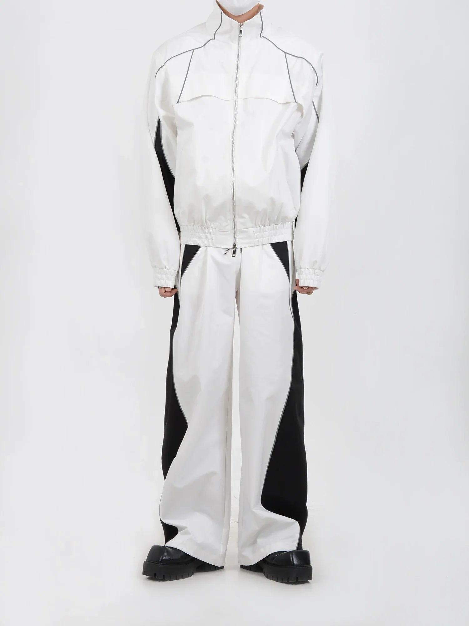 Contrast Color Sporty Jacket & Wide-leg Sporty Pants Setup