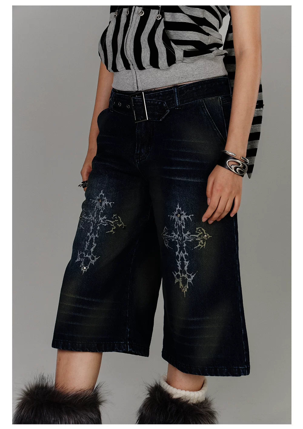 Washed Damage High-Waist Cropped Straight Denim Jeans