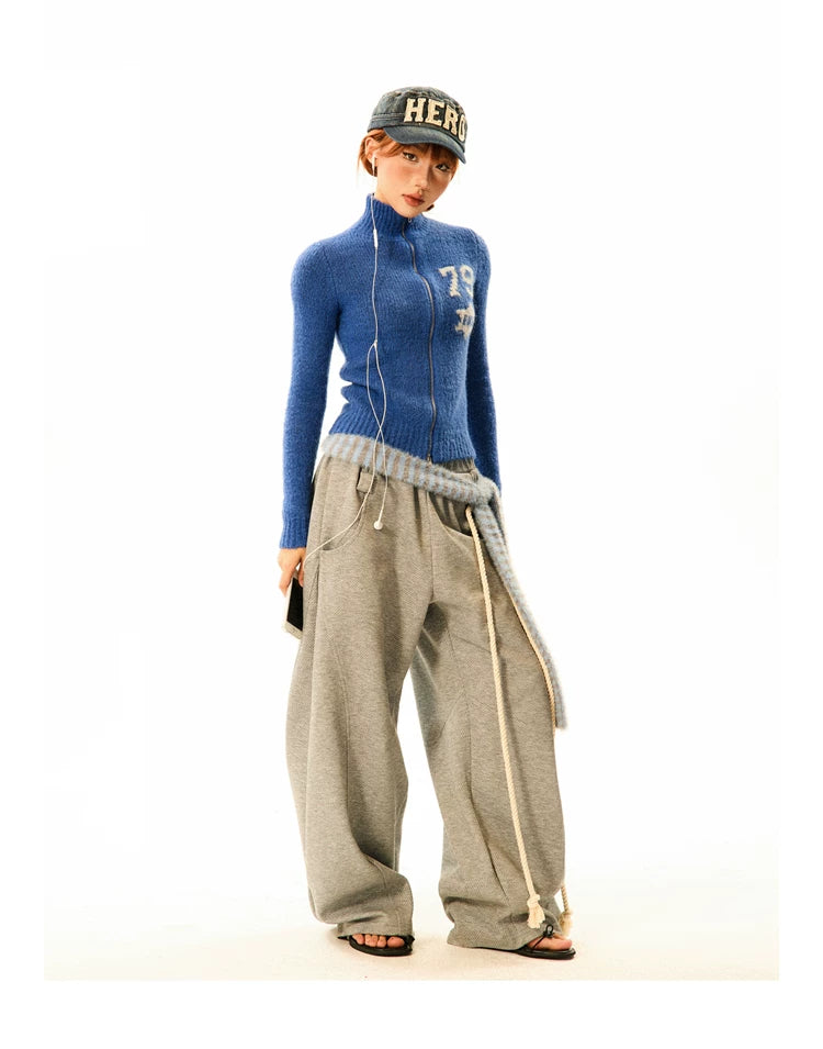 Number Patch Knit Zipper Stand Neck Cardigan