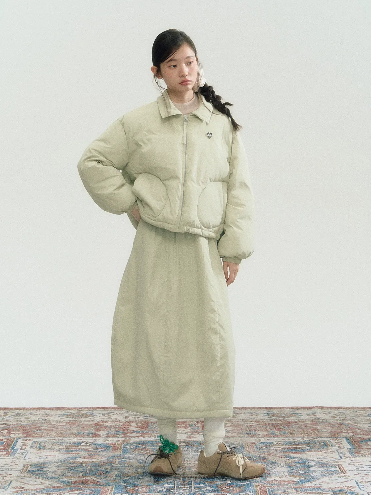 Drawstring Short Puffer Jacket & Pleated Skirt Setup