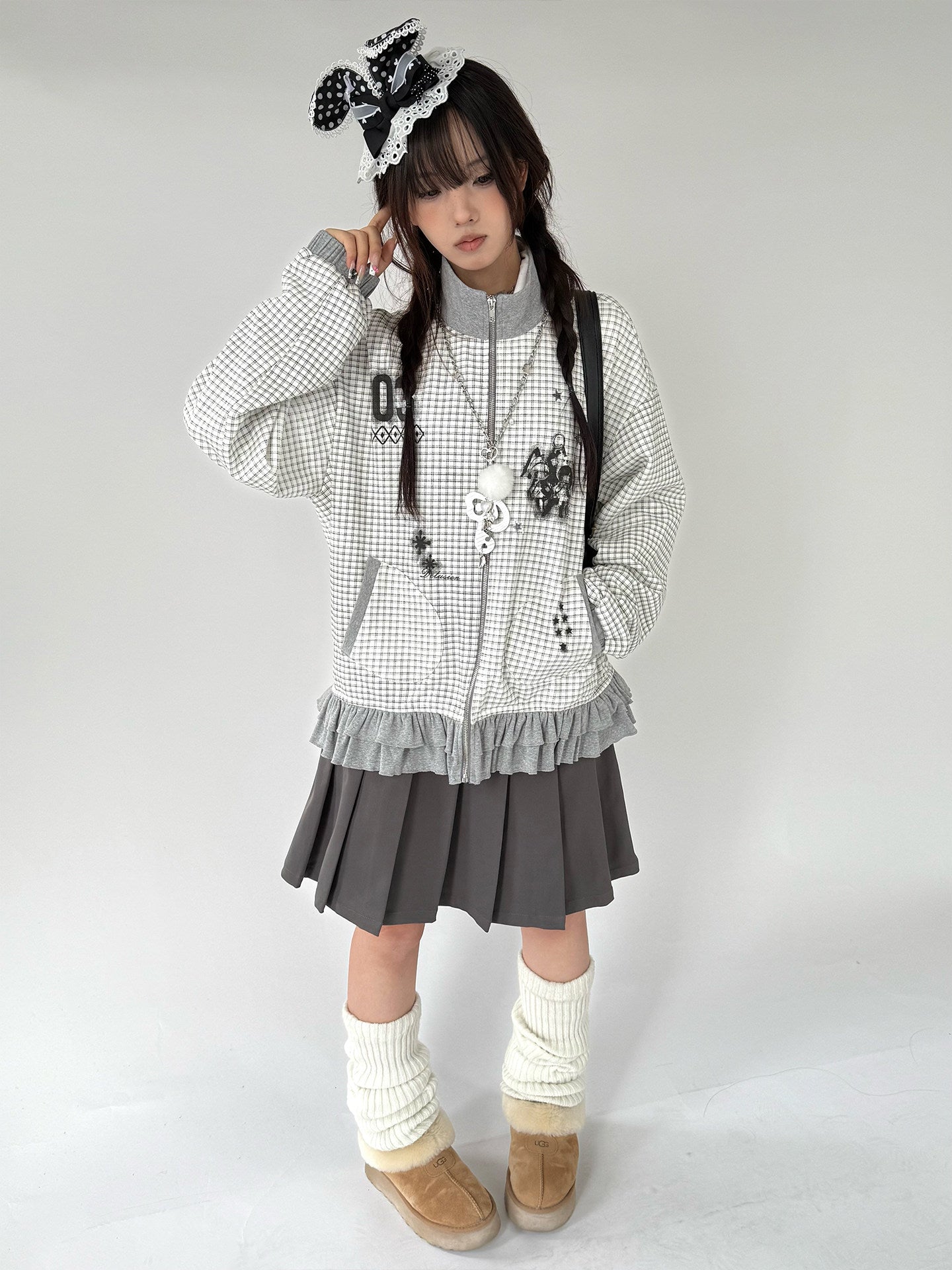 Checkered Ruffle Hem Oversize Zipper Hoodie