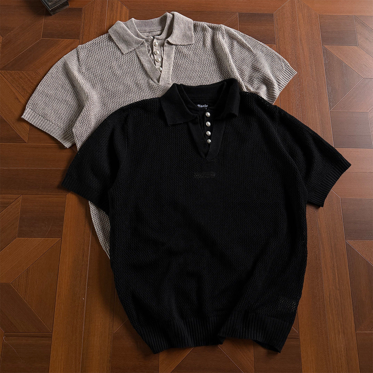 Openwork Short Sleeve Knit Polo Shirt
