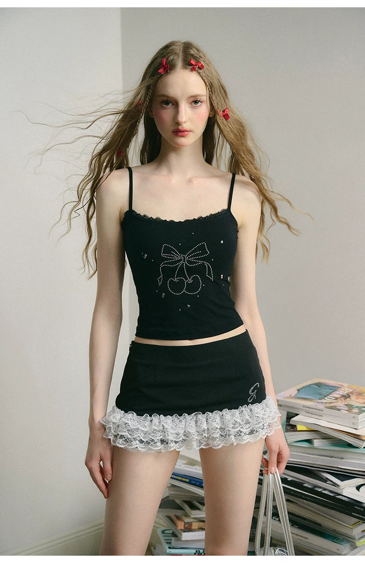 Lace Bow Camisole & Short Skirt Setup