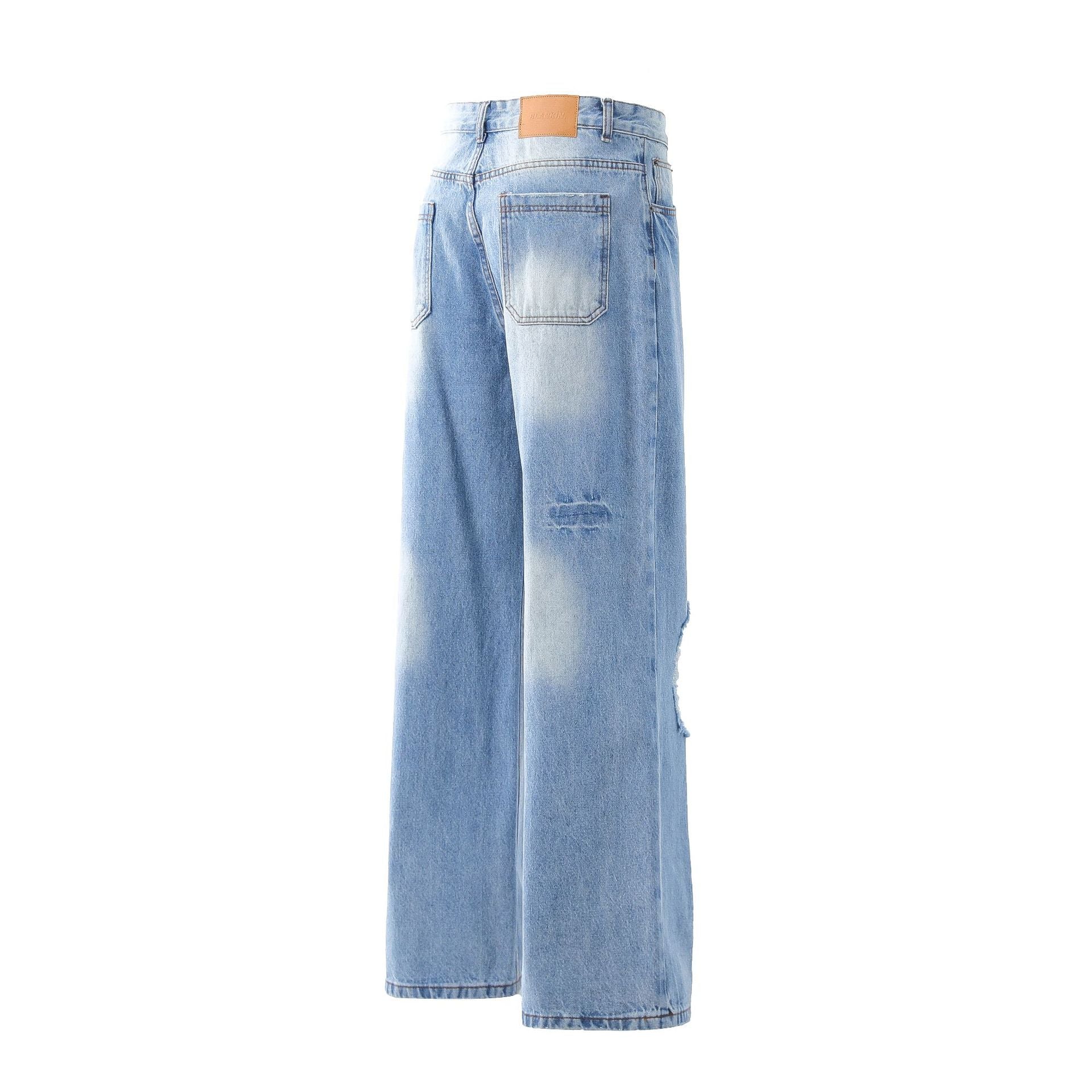 Washed Damage Wide Leg Flare Denim Jeans