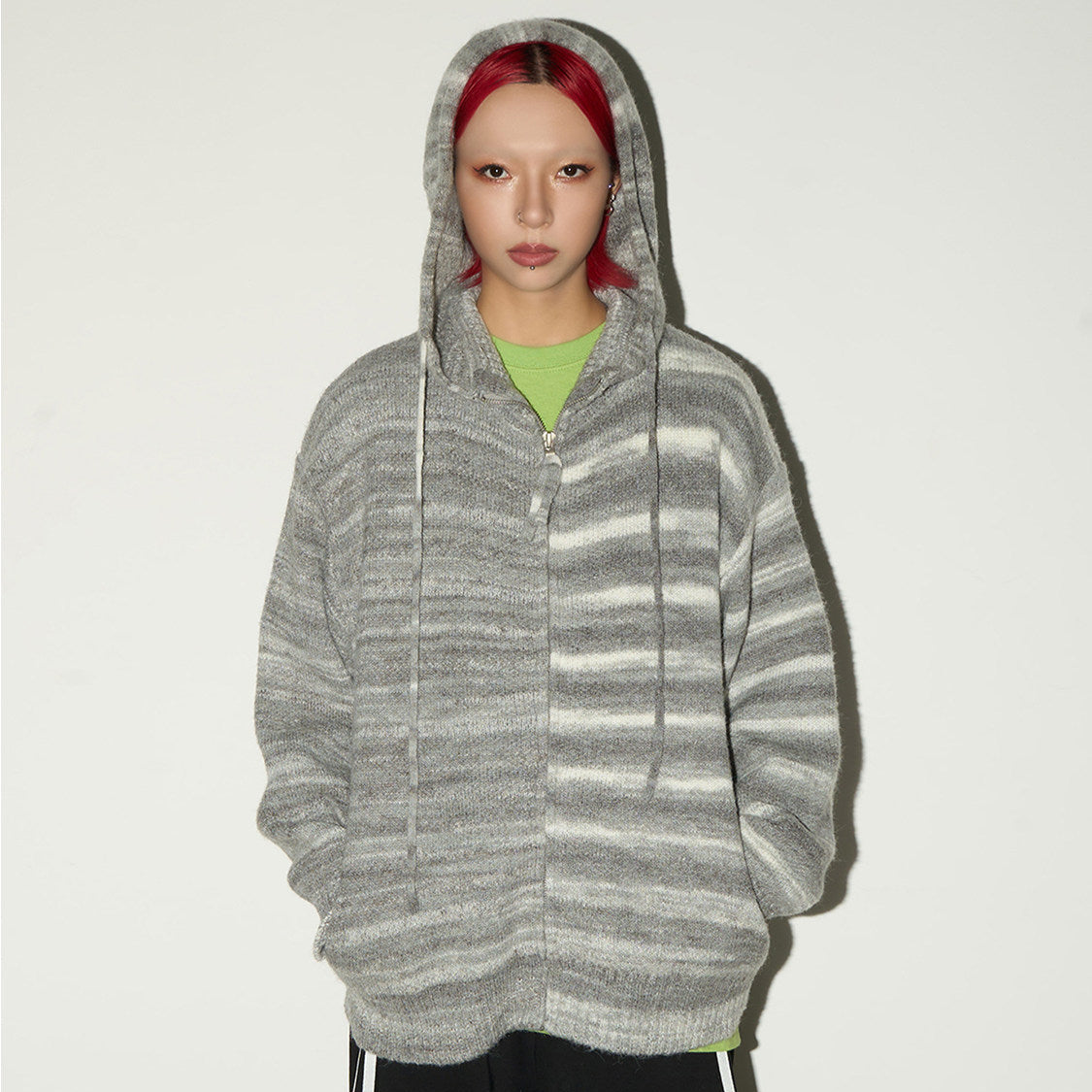 Stripe Hooded Zipper Knit Cardigan