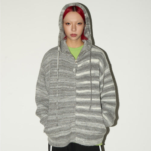 Stripe Hooded Zipper Knit Cardigan - Gray / M