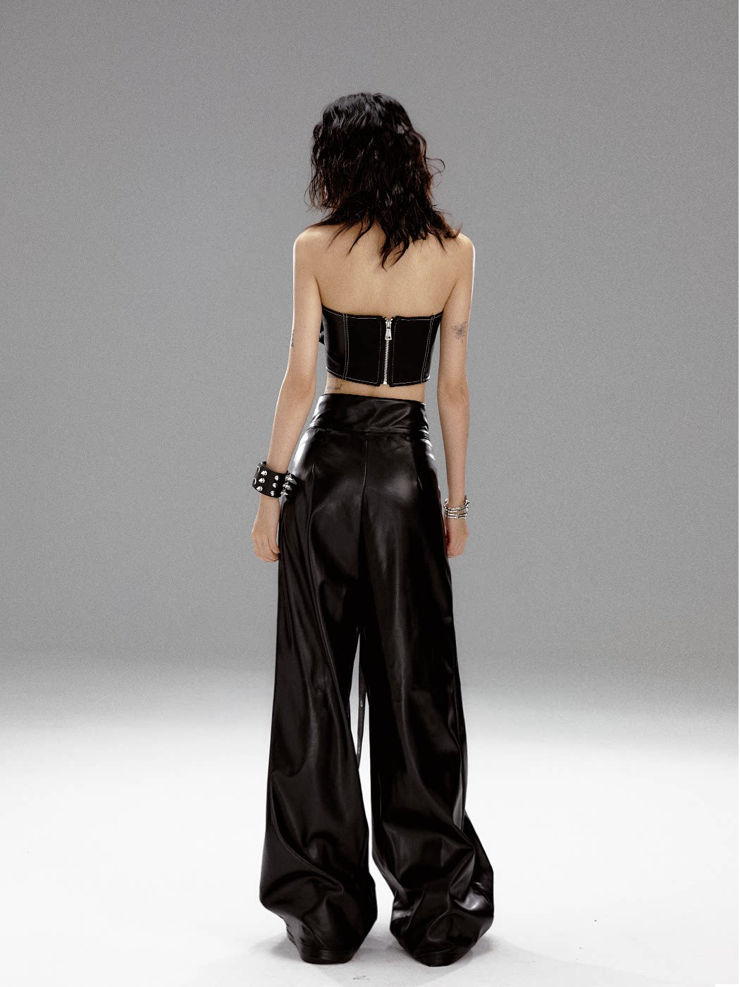 High-Waist V-Cut Graffiti Print Belted Black PU Leather Pants