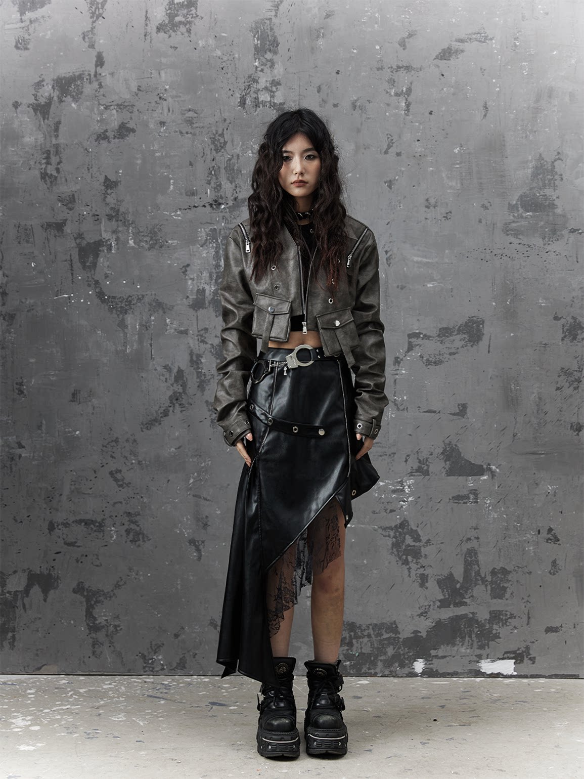 Asymmetric PU Leather Mesh Patchwork Skirt