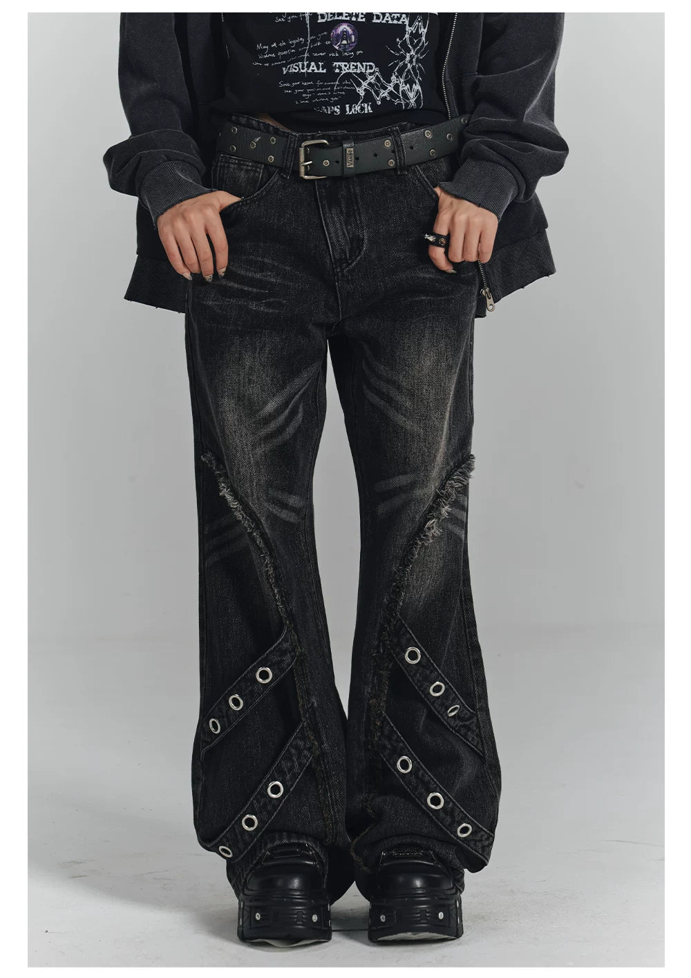 Washed Frayed Wide-Leg Straight Denim Jeans