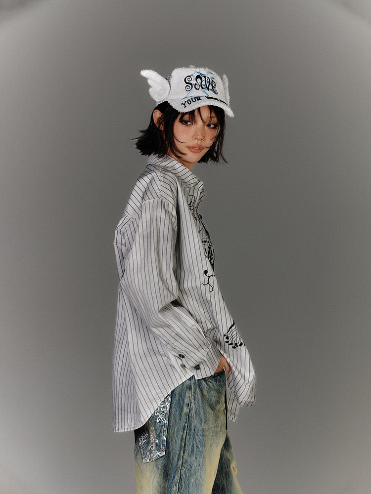 Stripe Graphic Print Long Sleeve Shirt & Stripe Print Camisole