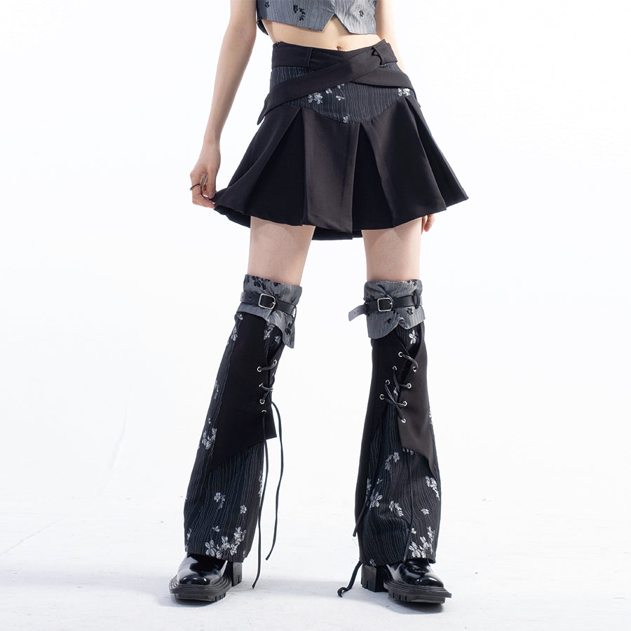 Floral Camisole Bustier & Flare Leg Warmers & Pleats Skirt & Cropped Jacket Setup
