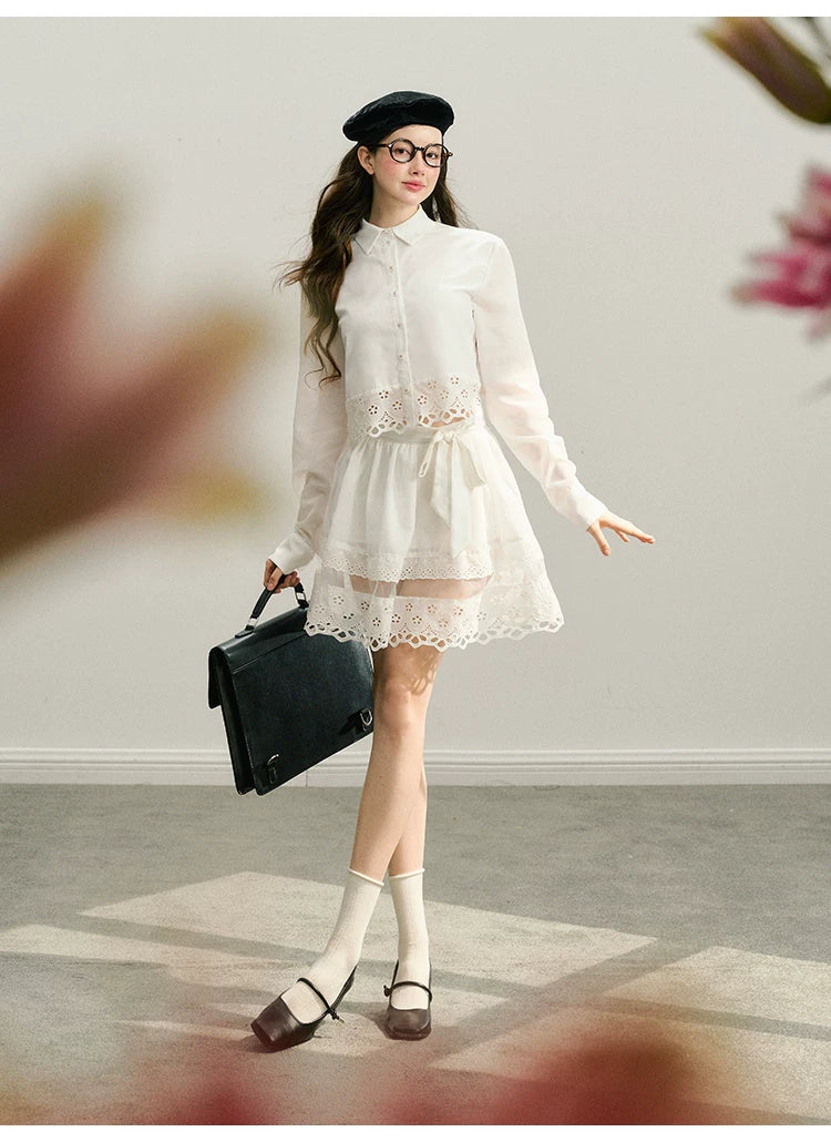 Lace Long Sleeve Shirt & Lace Short Skirt Setup